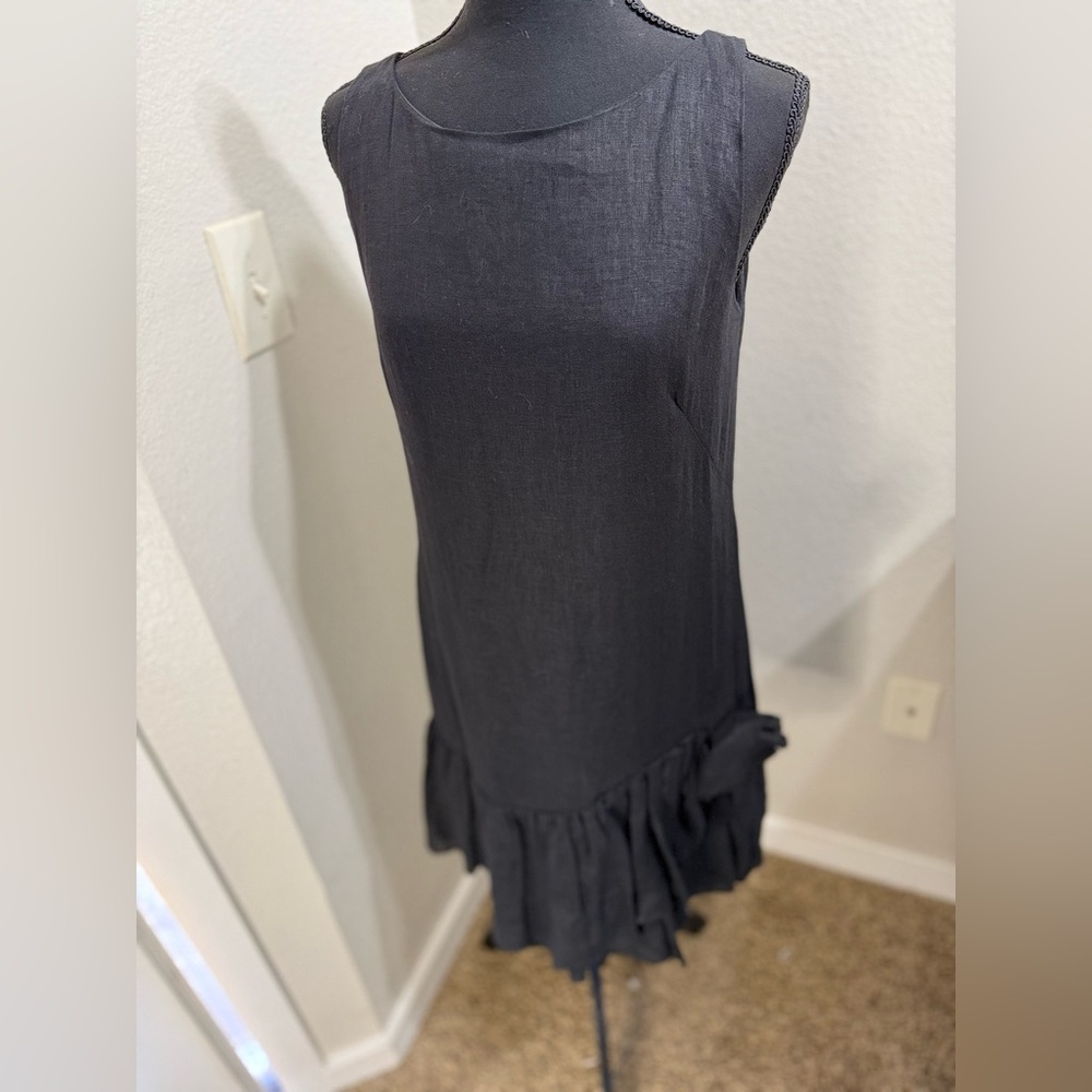 Taylor Black linen dress with floral‎ ruffle- Size 6